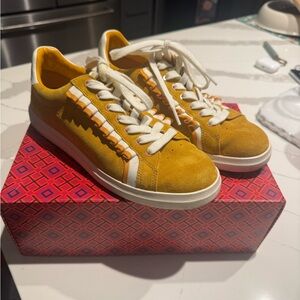 Tory Burch Yellow Suede Sneakers with White Laces